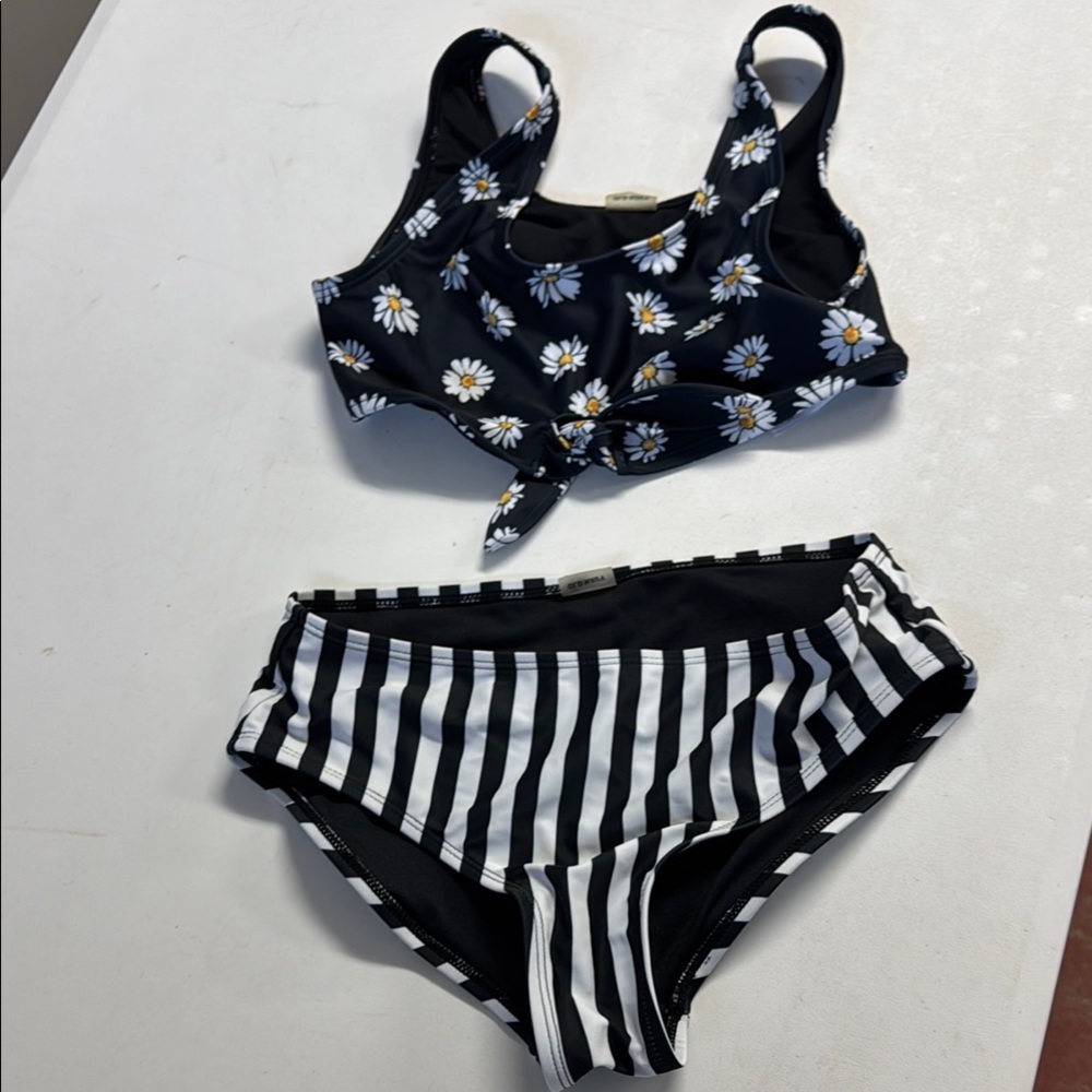 Old Navy Black and White Floral Stripe Bikini